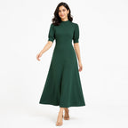 Women's Green Solid Mock Neck Fit & Flare Midi Dress with Puff Sleeves-1