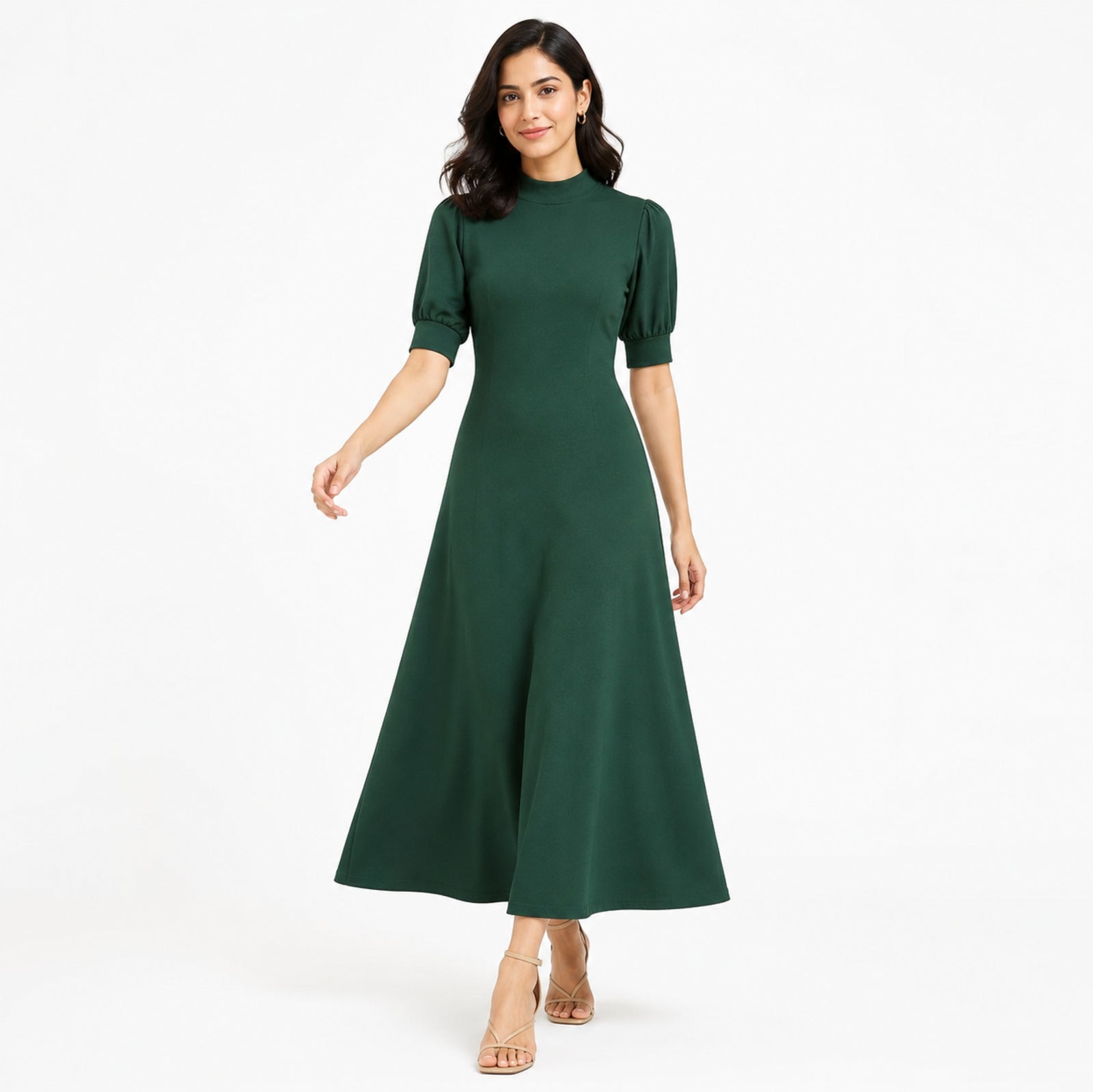 Women's Green Solid Mock Neck Fit & Flare Midi Dress with Puff Sleeves-1