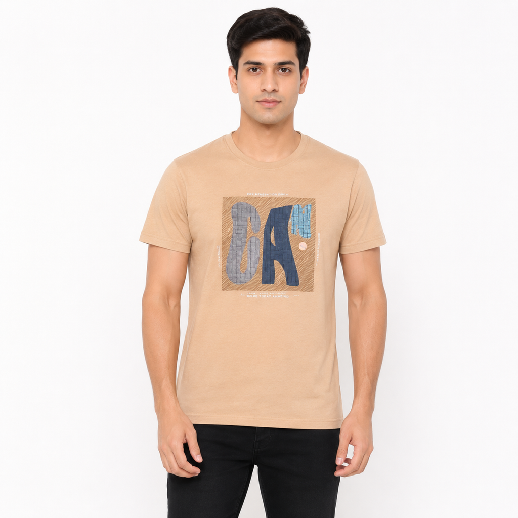 Men's Beige Typographic Graphic Crew Neck T-Shirt | Regular Fit Half Sleeve Casual Tee-1
