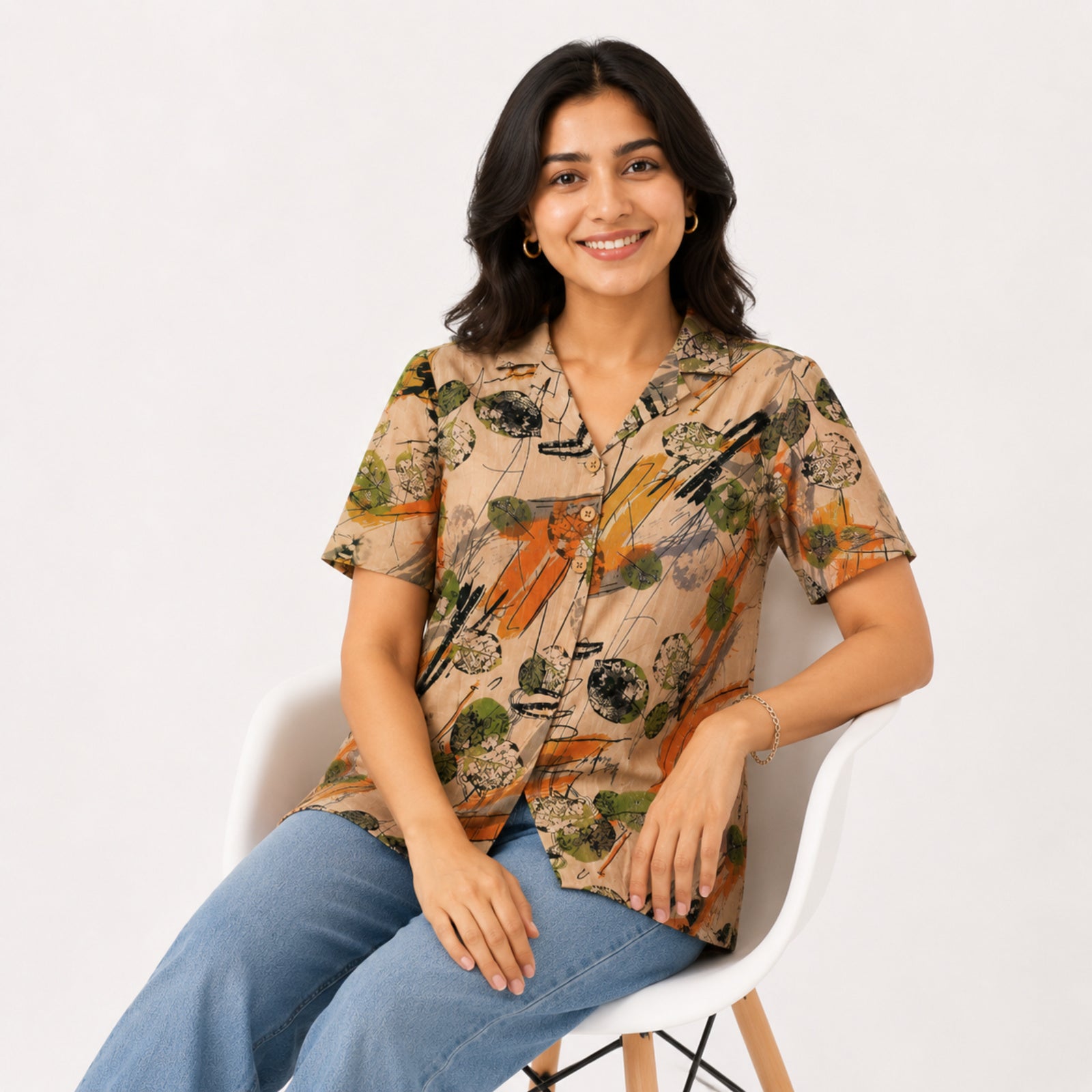 Women's Beige Abstract Printed Casual Shirt Top-2