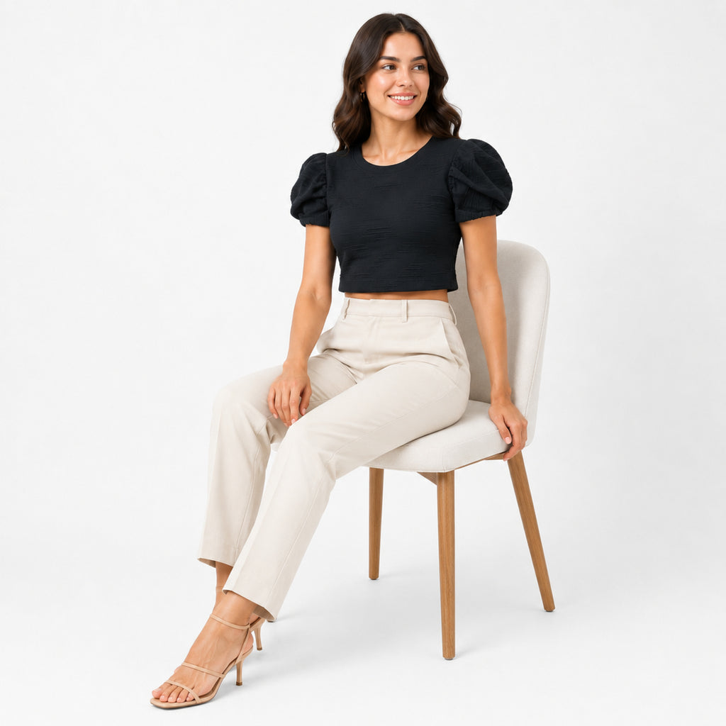 Women's Black Puff Sleeve Crop Top-1