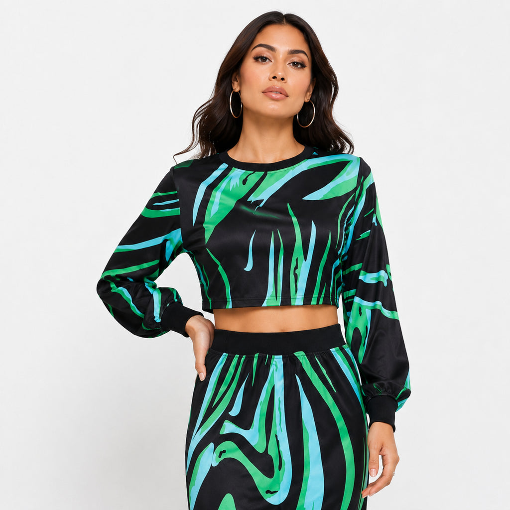 Women's Green Abstract Print Long Sleeve Crop Top and Midi Skirt Co-Ord Set | Statement Two-Piece Outfit-3