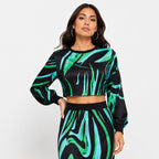 Women's Green Abstract Print Long Sleeve Crop Top and Midi Skirt Co-Ord Set | Statement Two-Piece Outfit-3
