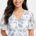 Women's Blue Floral Wrap Mini Dress with Flutter Sleeves-3