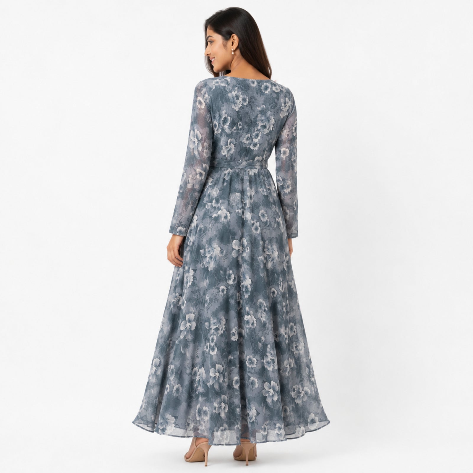 Women's Light Blue Floral Belted Maxi Dress with Sheer Sleeves-4