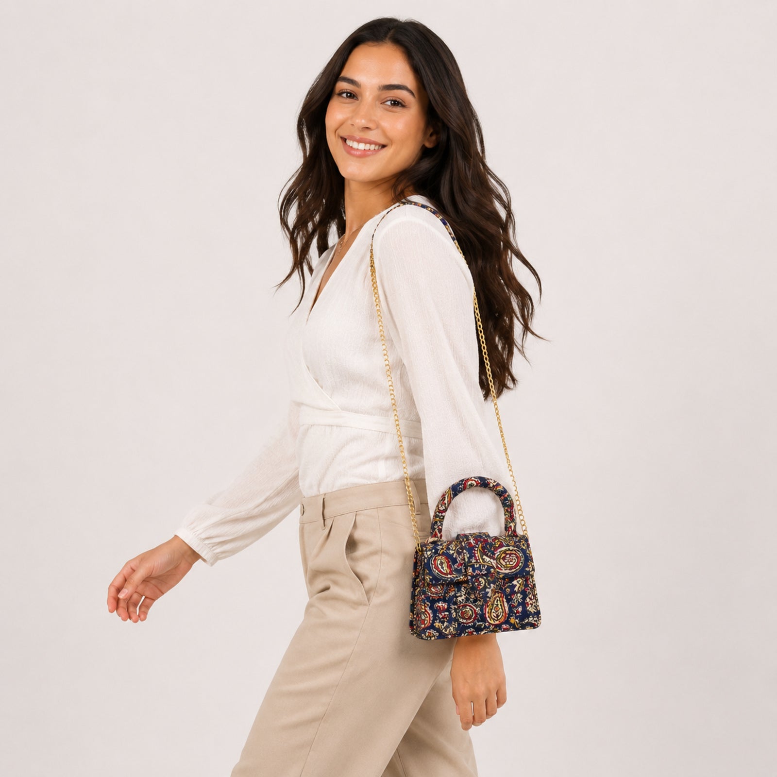 Women's Luxury Kalamkari Paisley Navy Blue Handbag with Structured Top Handle-3