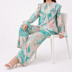 Women's Elegant Marble Print Ruffle Co-Ord Set with Flared Sleeves & Wide Leg Pants-3