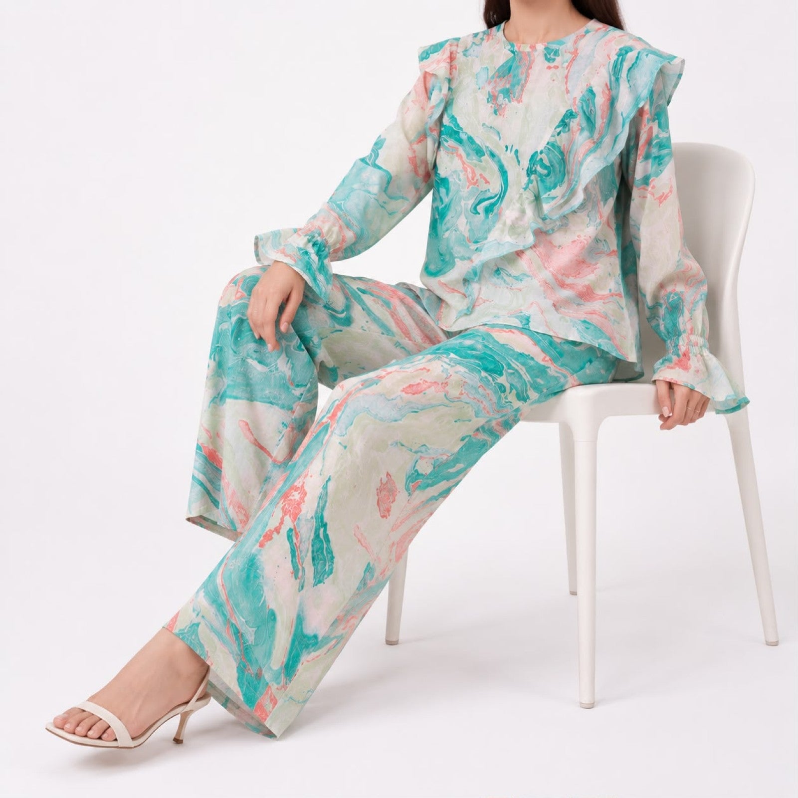 Women's Elegant Marble Print Ruffle Co-Ord Set with Flared Sleeves & Wide Leg Pants-3