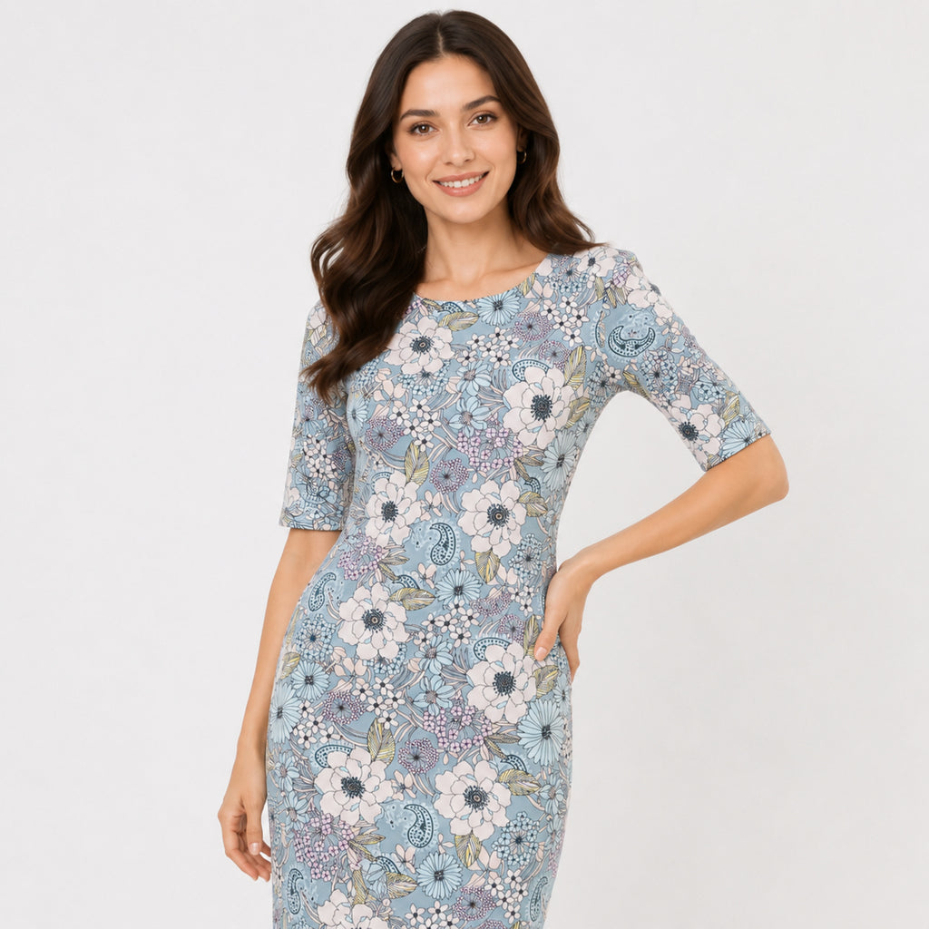 Women's Blue Floral Print Bodycon Knee-Length Dress | 3/4 Sleeve Casual Midi Dress-3