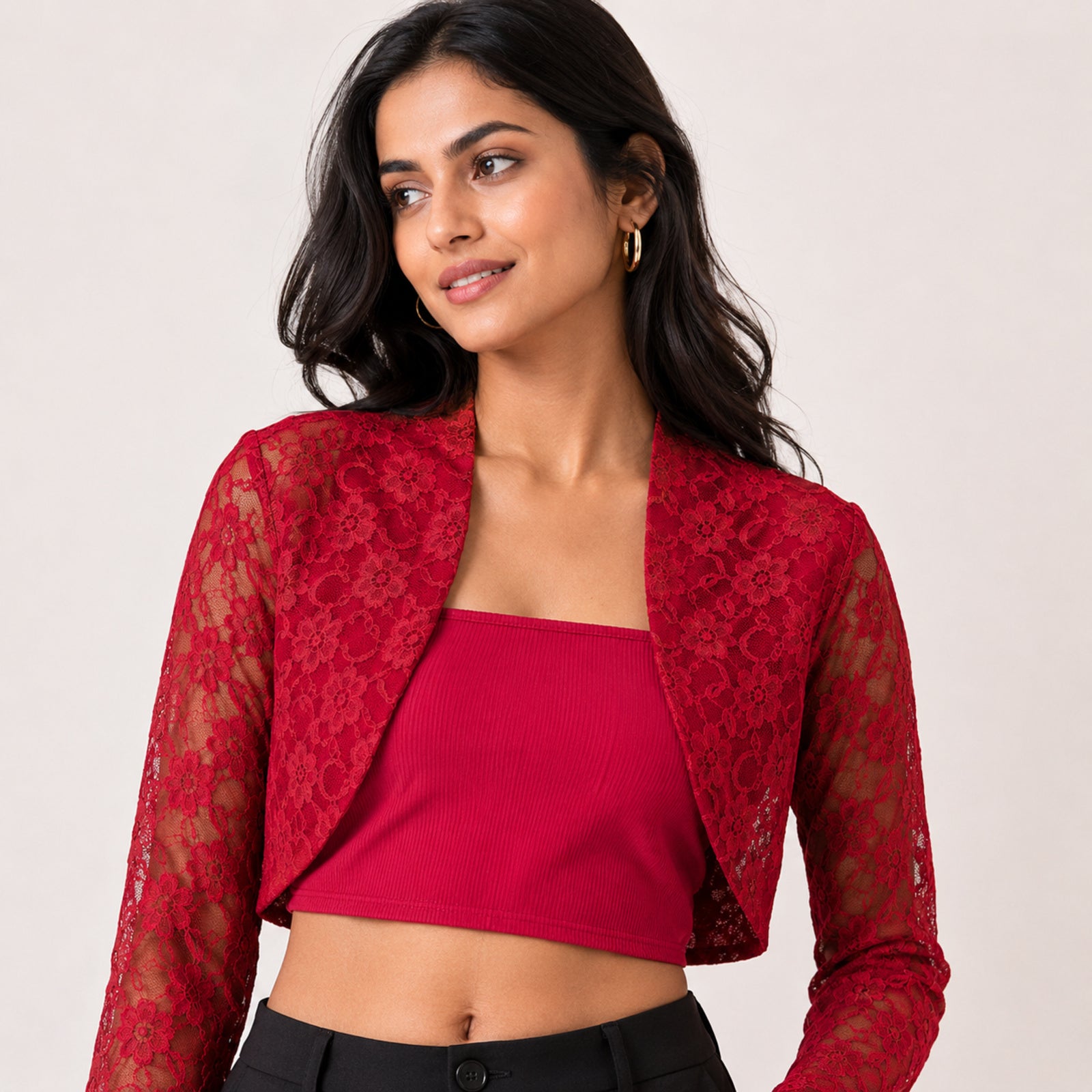 Women's Regal Maroon Sheer Floral Lace Shrug Blazer-3