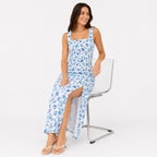 Women's Sky Blue Floral Print Sleeveless Maxi Dress with Side Slit-3