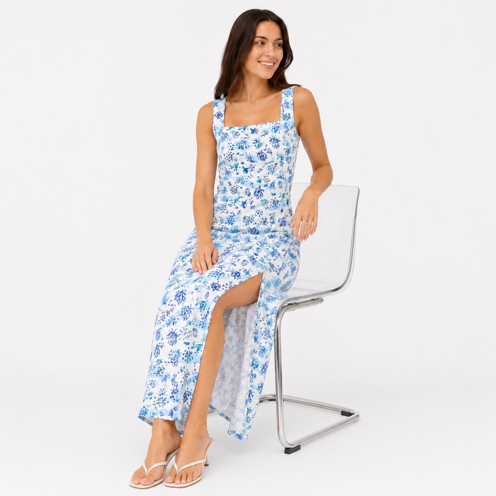Women's Sky Blue Floral Print Sleeveless Maxi Dress with Side Slit-3