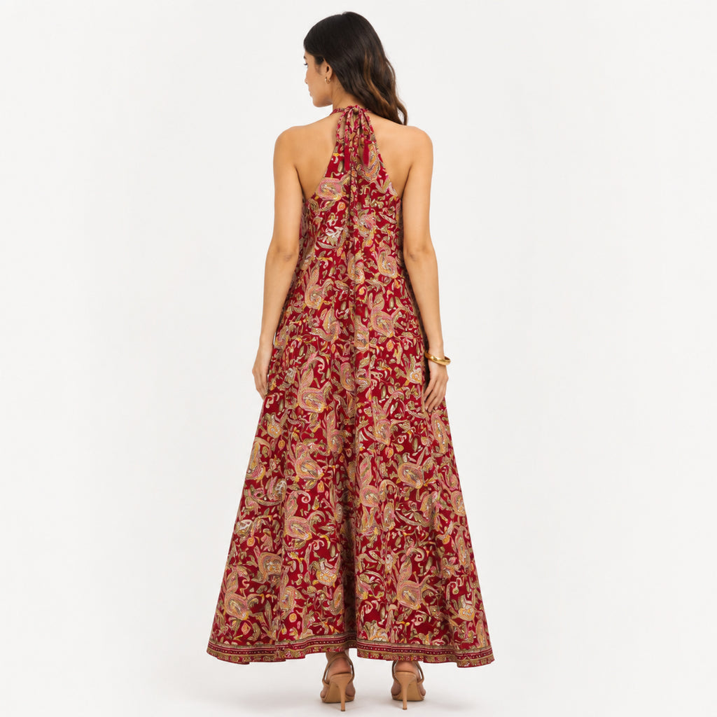 Women's Maroon Floral Printed Calf Length Dress-4