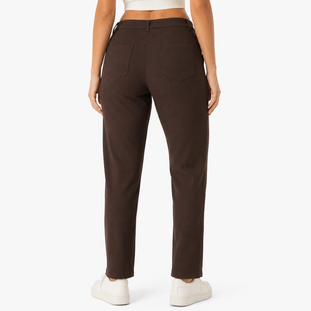 Women's Coffee Brown Ribbed Straight Fit Trousers-4