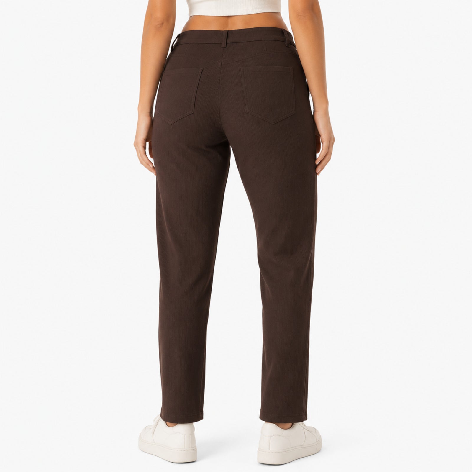 Women's Coffee Brown Ribbed Straight Fit Trousers-4