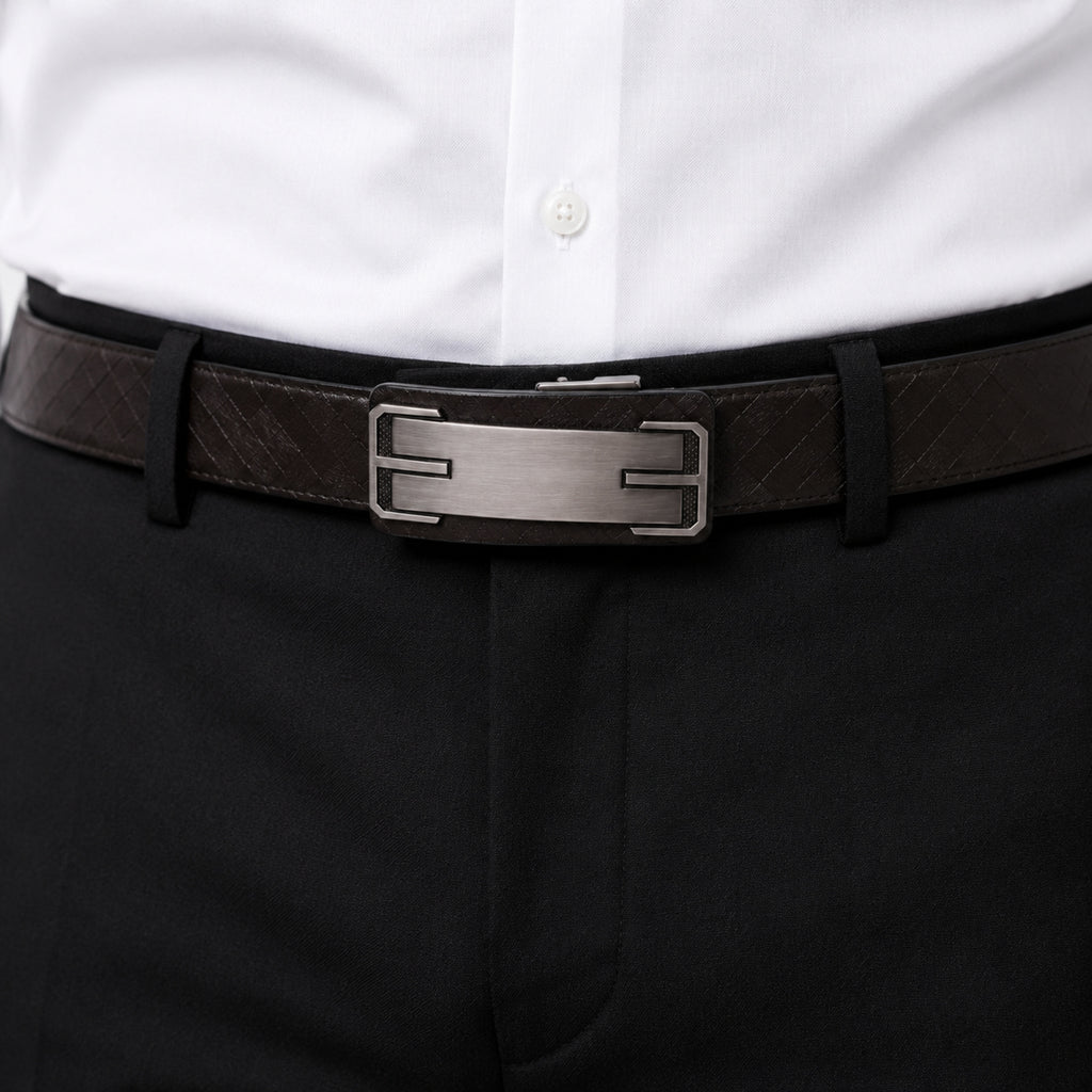 Men's Dark Brown Basket Weave Leather Belt with Automatic Buckle-2