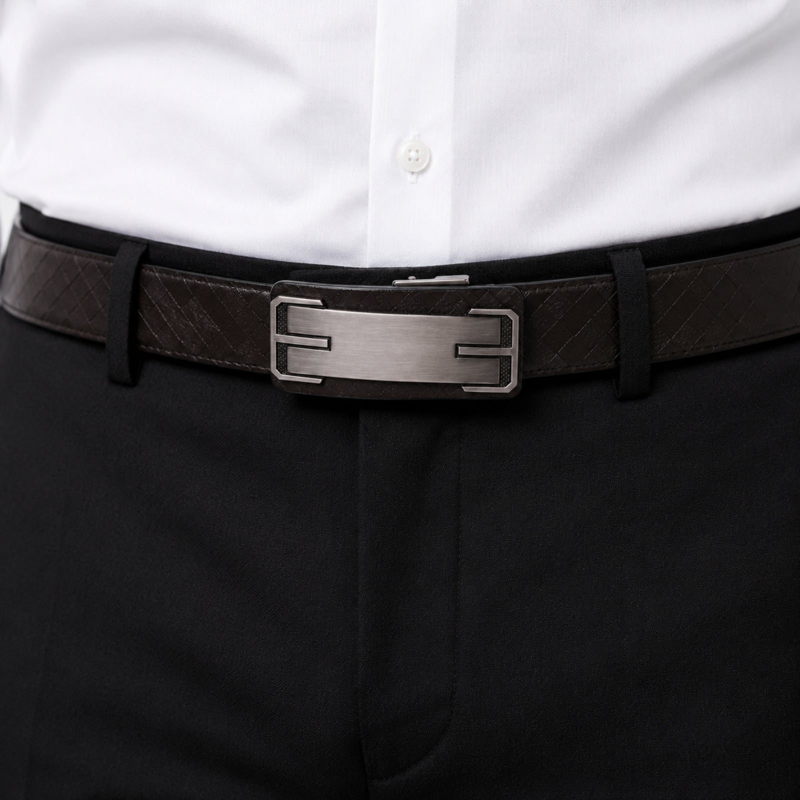 Men's Dark Brown Basket Weave Leather Belt with Automatic Buckle-2