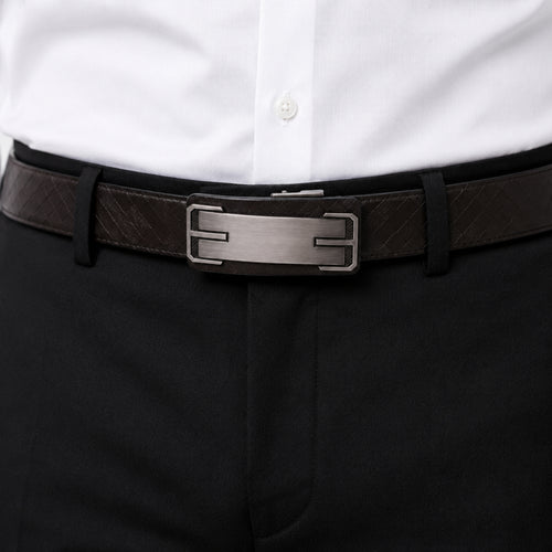 Men's Dark Brown Basket Weave Leather Belt with Automatic Buckle-2