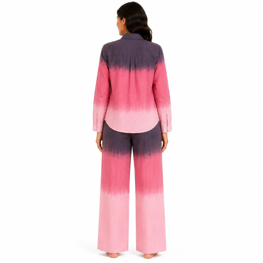 Women's Pink Ombre Dyed Collared Shirt and Wide-Leg Pyjama Co-Ord Set | Relaxed Lounge Set-4