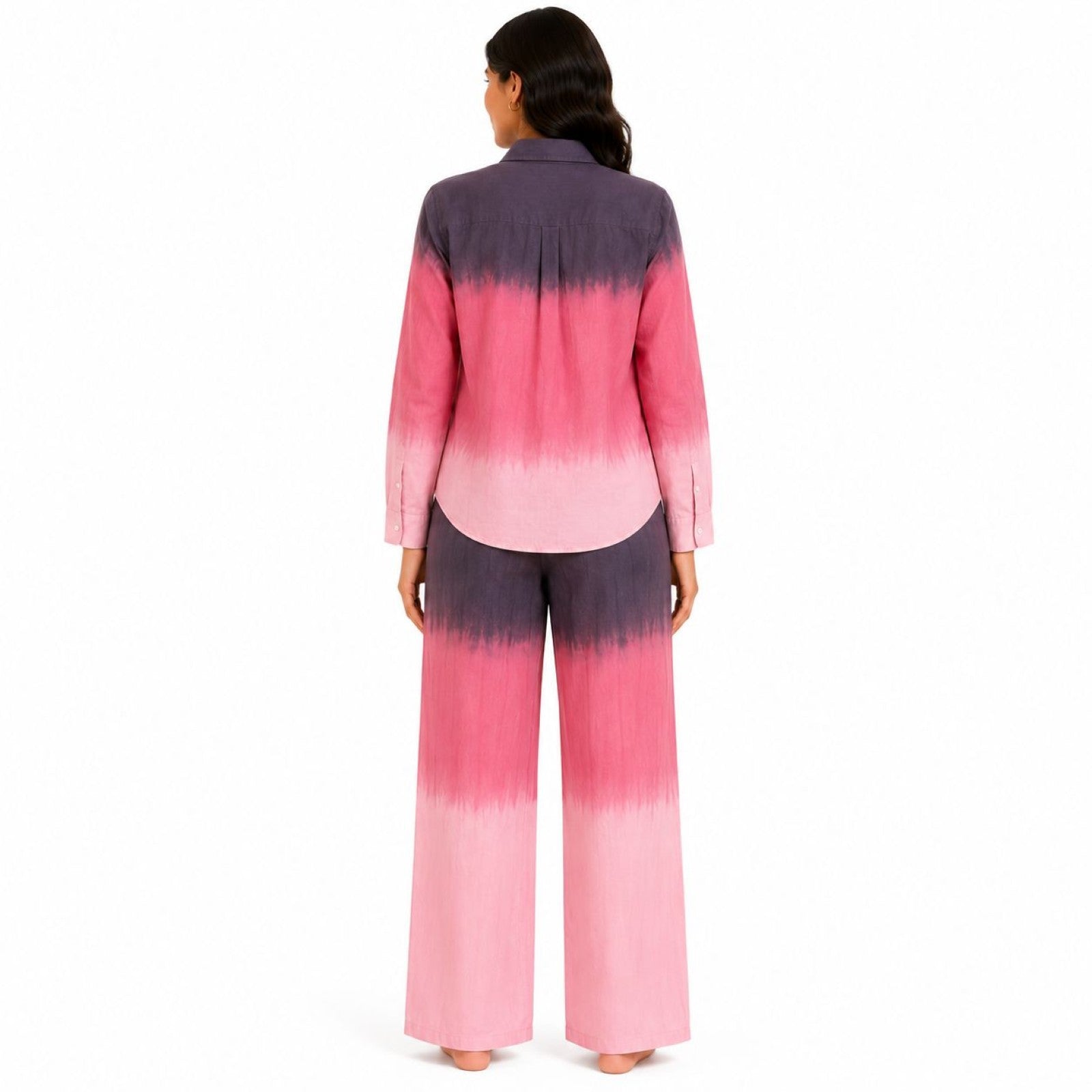 Women's Pink Ombre Dyed Collared Shirt and Wide-Leg Pyjama Co-Ord Set | Relaxed Lounge Set-4