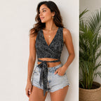 Women's Black Polka Dot Wrap Crop Top-2