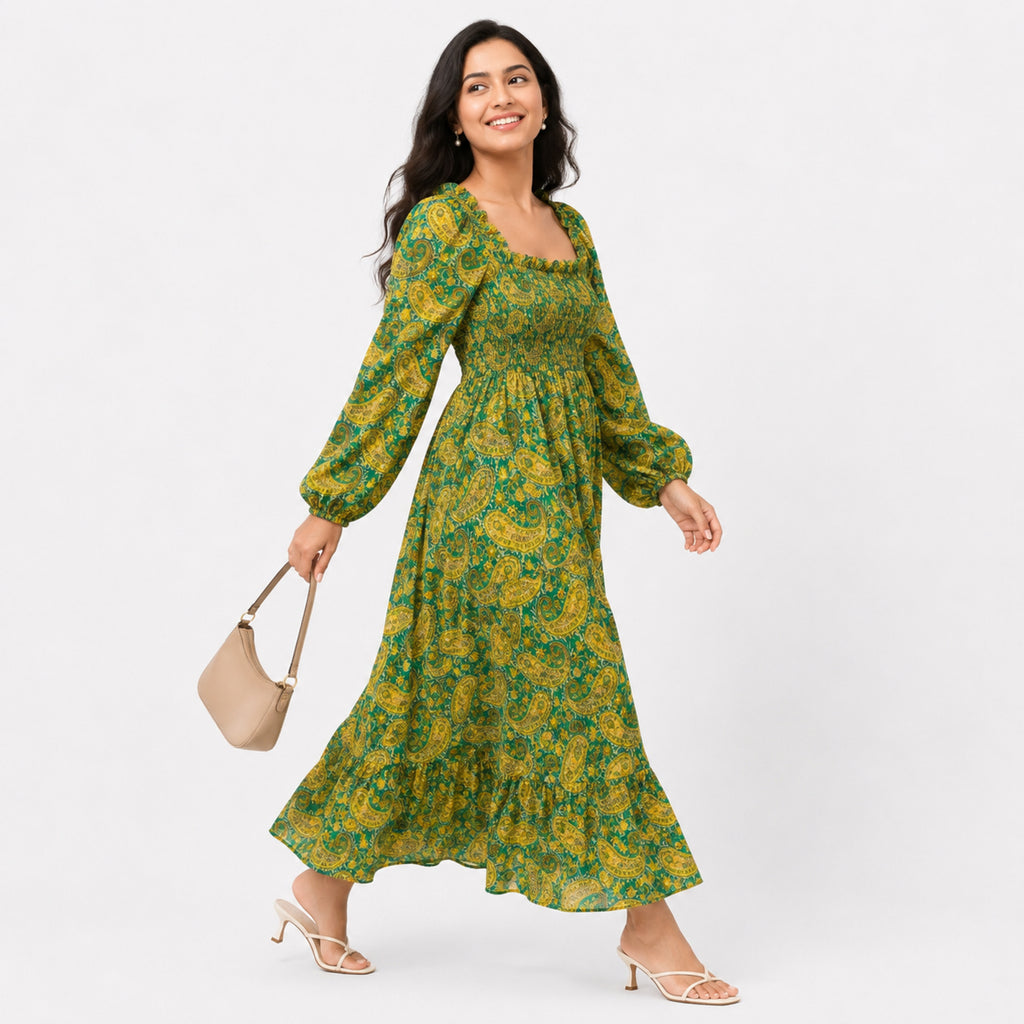 Women's Paisley Print Smocked Midi Dress-2
