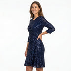 Women's Navy Blue Sequin Fit & Flare Party Dress-4