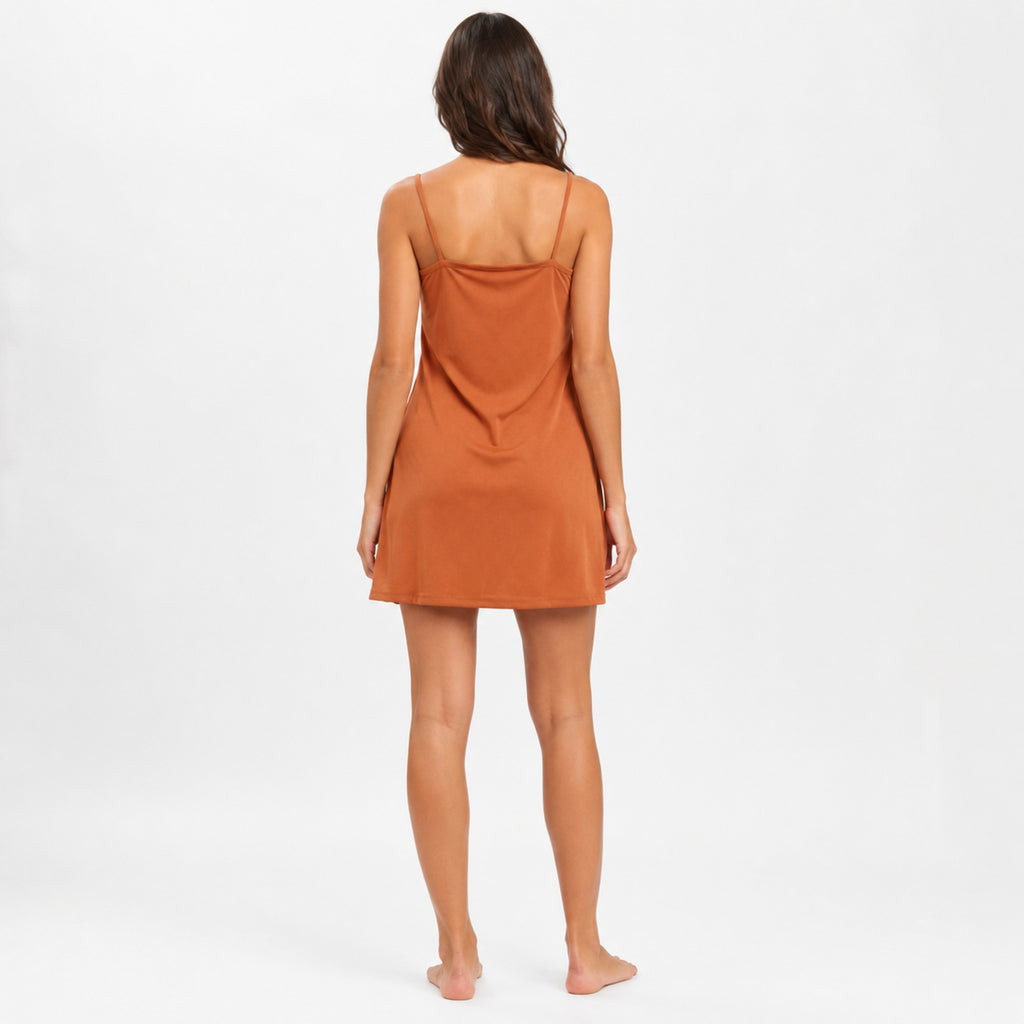 Women's Orange Solid Spaghetti Strap Mini Dress-2