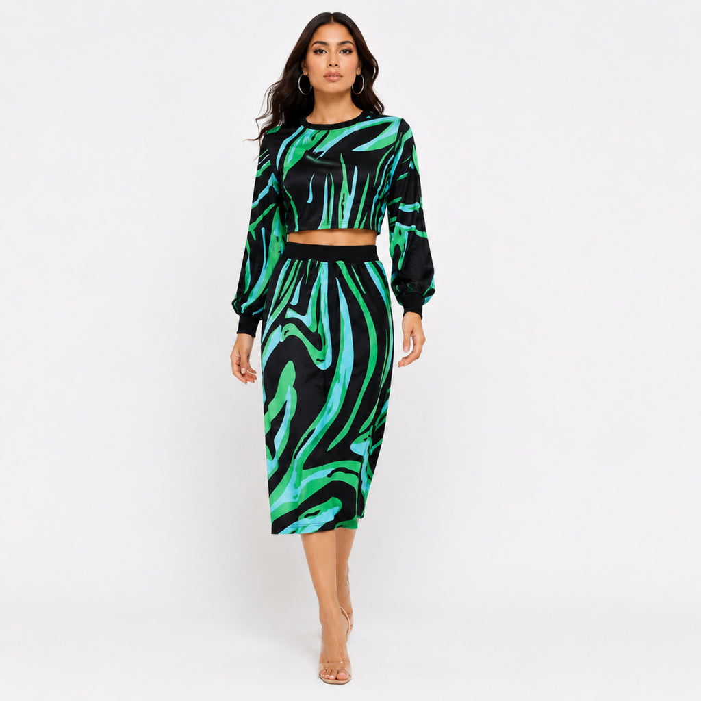 Women's Green Abstract Print Long Sleeve Crop Top and Midi Skirt Co-Ord Set | Statement Two-Piece Outfit-1