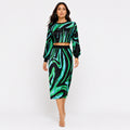 Women's Green Abstract Print Long Sleeve Crop Top and Midi Skirt Co-Ord Set | Statement Two-Piece Outfit-1