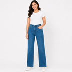 Women's Blue High-Rise Wide Leg Jeans | Straight Fit Full-Length Denim Pants-1