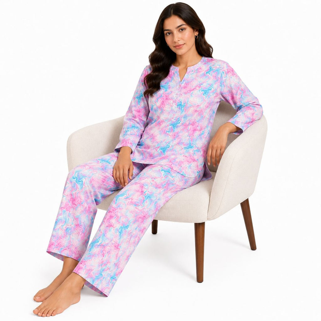 Women's Pink Abstract Marble Print Mandarin Collar Top and Straight Pyjama Co-Ord Set | Relaxed Lounge Set-2