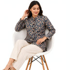 Women’s Navy Blue Printed Jacket – Full Sleeve Button-Front Floral Pattern Jacket-3