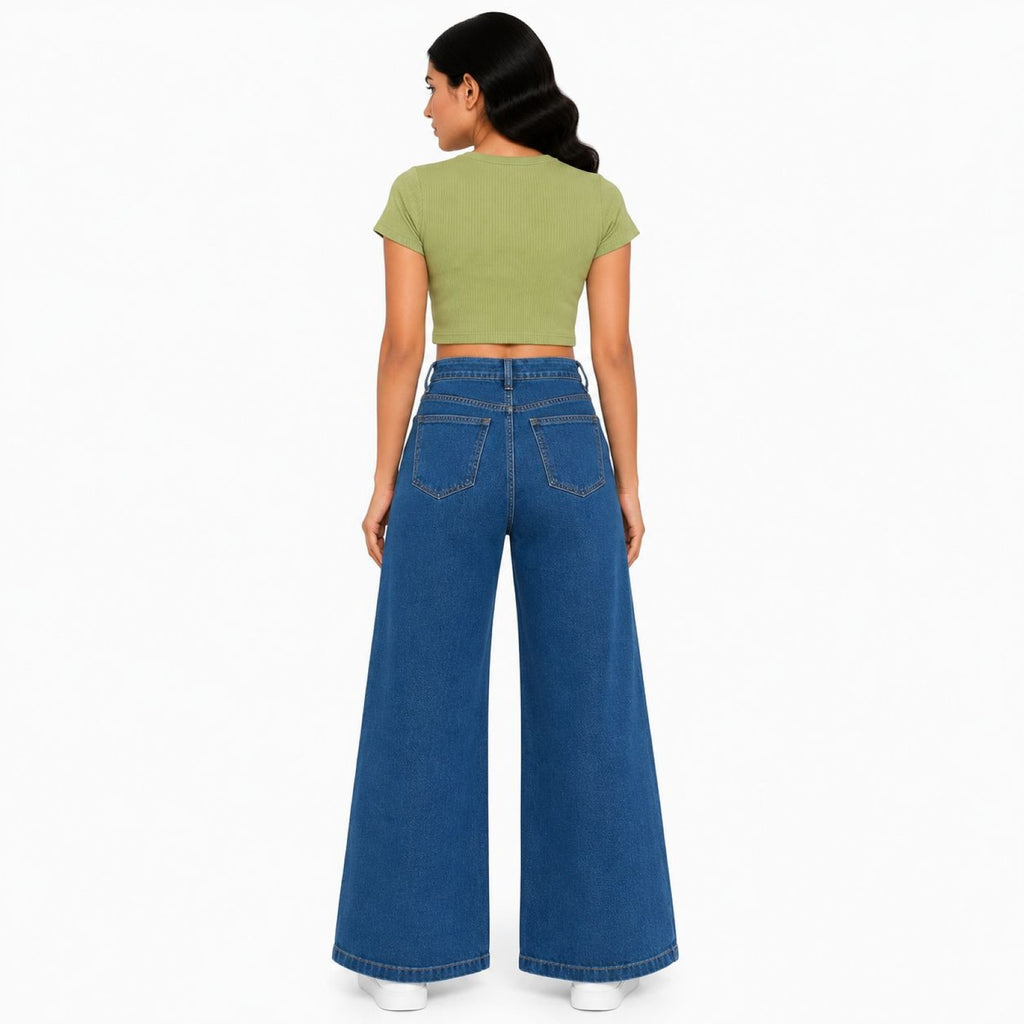 Women's Blue Ultra Wide Leg Jeans | High-Rise Premium Denim-4