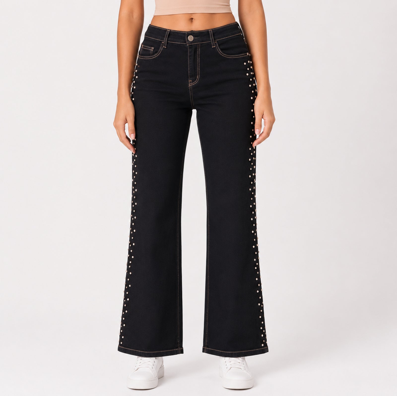 Women's Shimmering Diamond Studded Black Bootcut Jeans-1