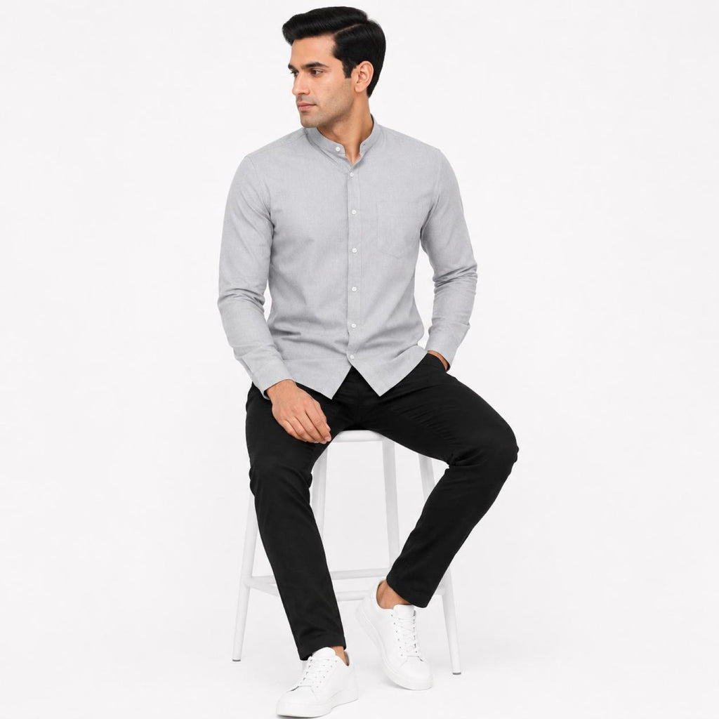 Men's Grey Mandarin Collar Full Sleeve Shirt | Minimal Smart Casual Shirt-1