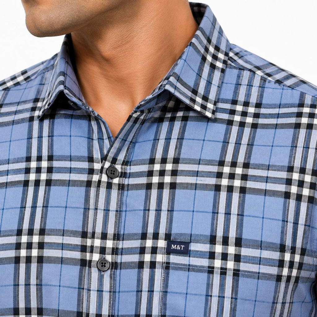 Men's Sky Blue Tartan Check Half Sleeve Shirt | Casual Summer Button-Front Shirt-3