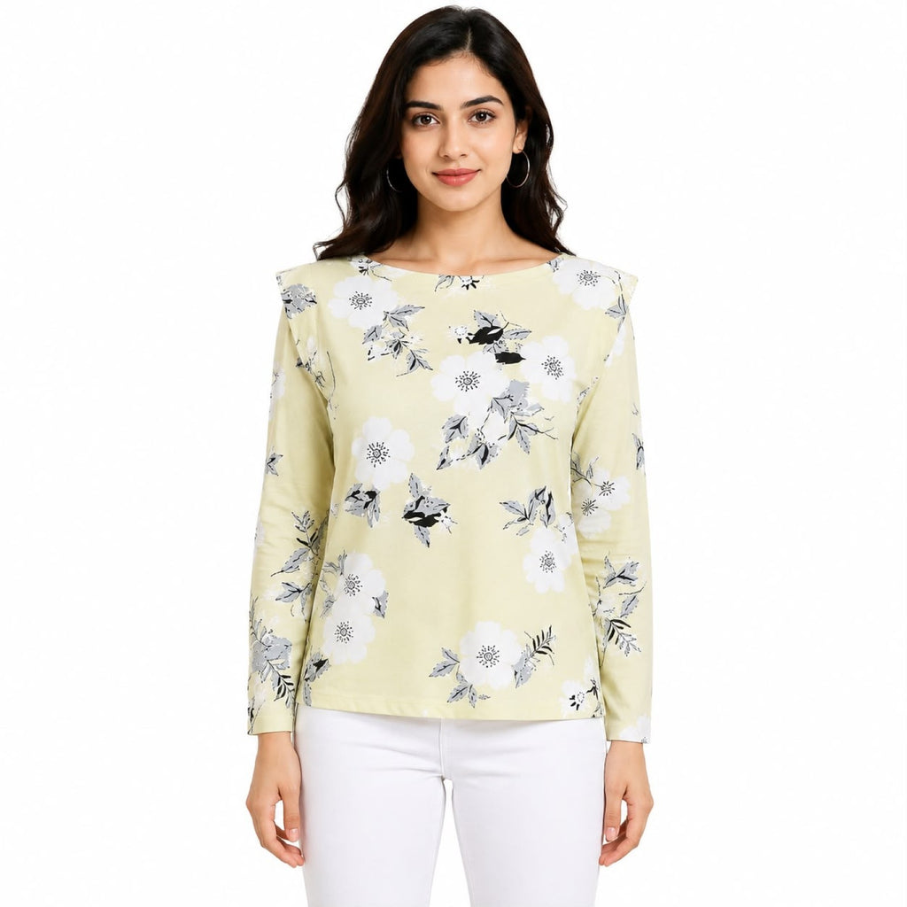 Women's Lemon Blossom Yellow Floral Ruffle Shoulder Top-2