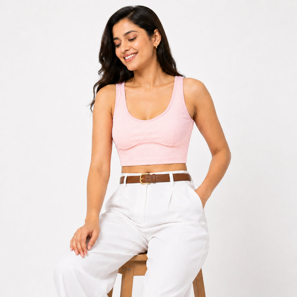 Women's Blush Pink Seamless Ribbed Bralette Crop Top-3