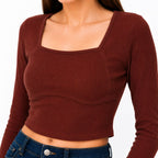 Women's Avant-Garde Rust Red Ribbed Crop Top with Corset-Style Underbust Detailing-2
