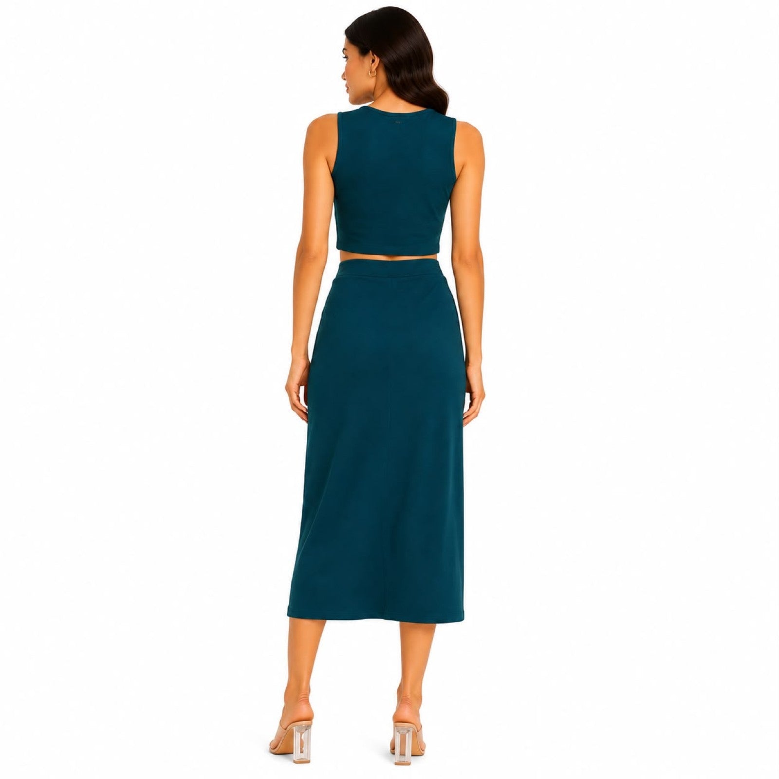 Women's Dark Green Sleeveless Crop Top and Front Drape Midi Skirt Co-Ord Set-4