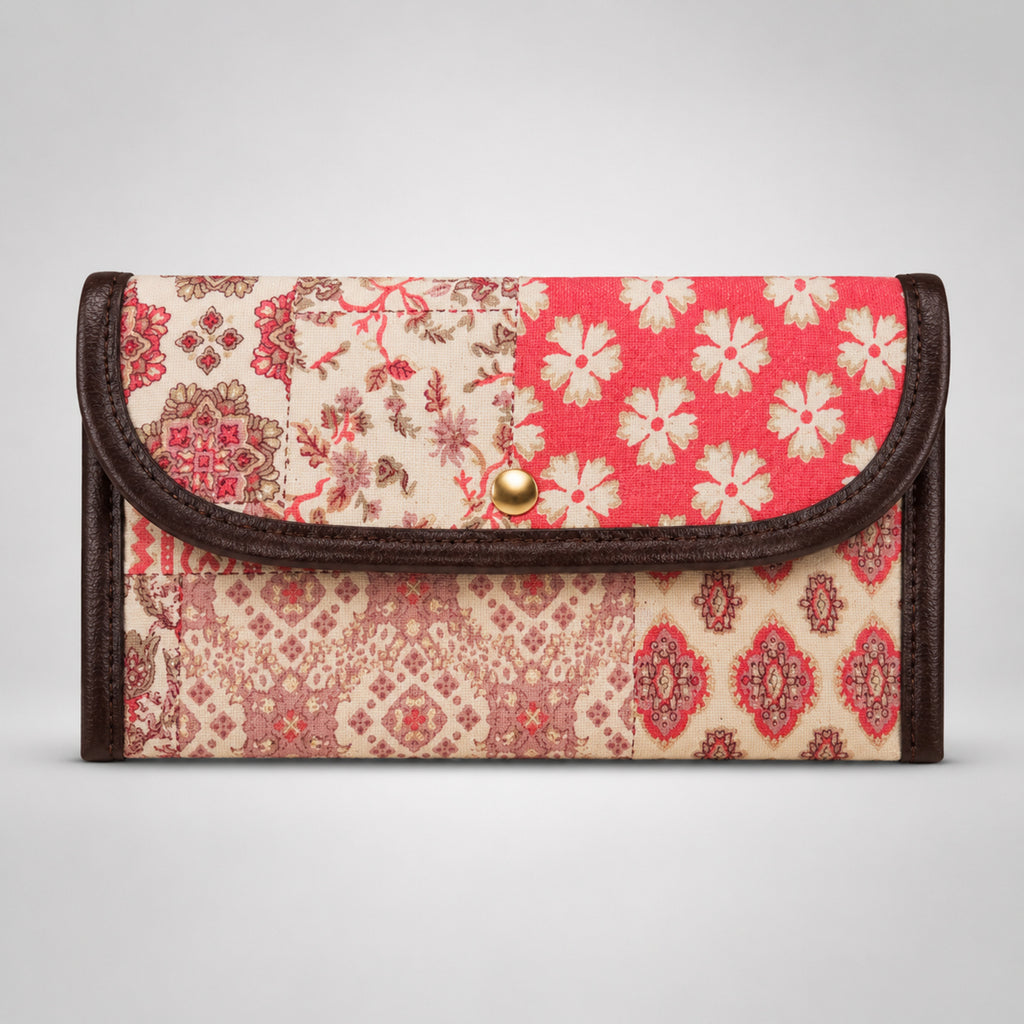 Women's Luxury Patchwork Peach Floral Envelope Clutch Wallet with Leather Trim-2