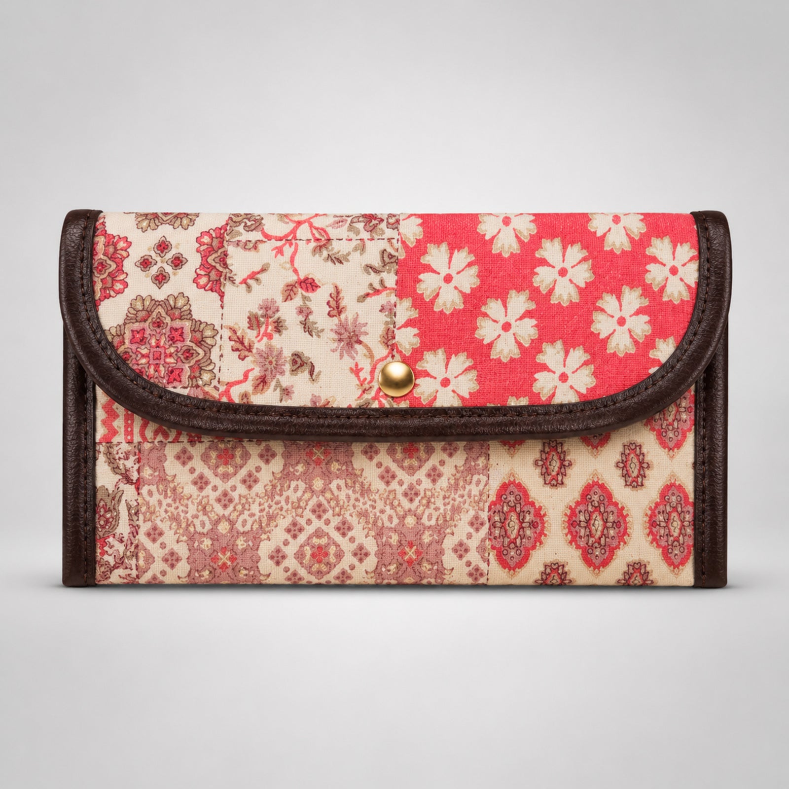 Women's Luxury Patchwork Peach Floral Envelope Clutch Wallet with Leather Trim-2