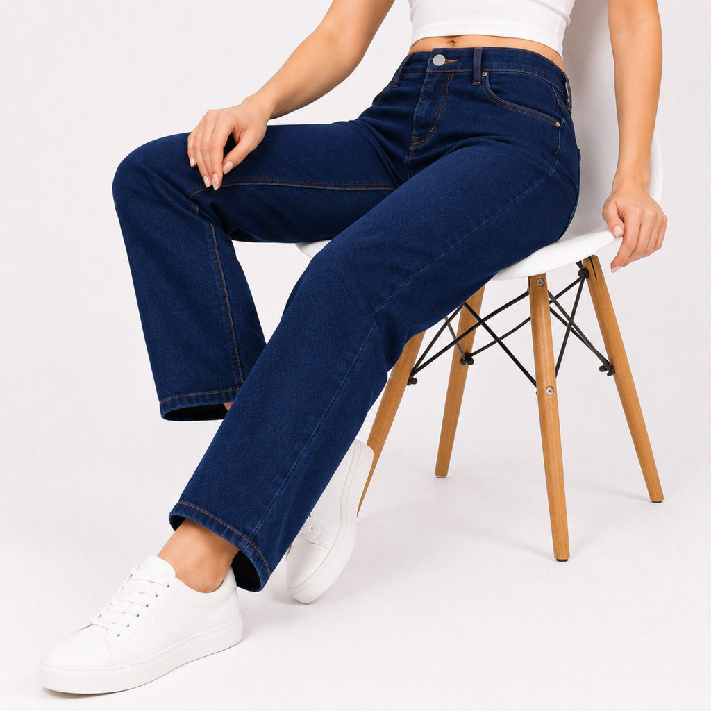 Women's Sleek Comfort-Fit Dark Blue Wide-Leg Classic Denim Jeans-4