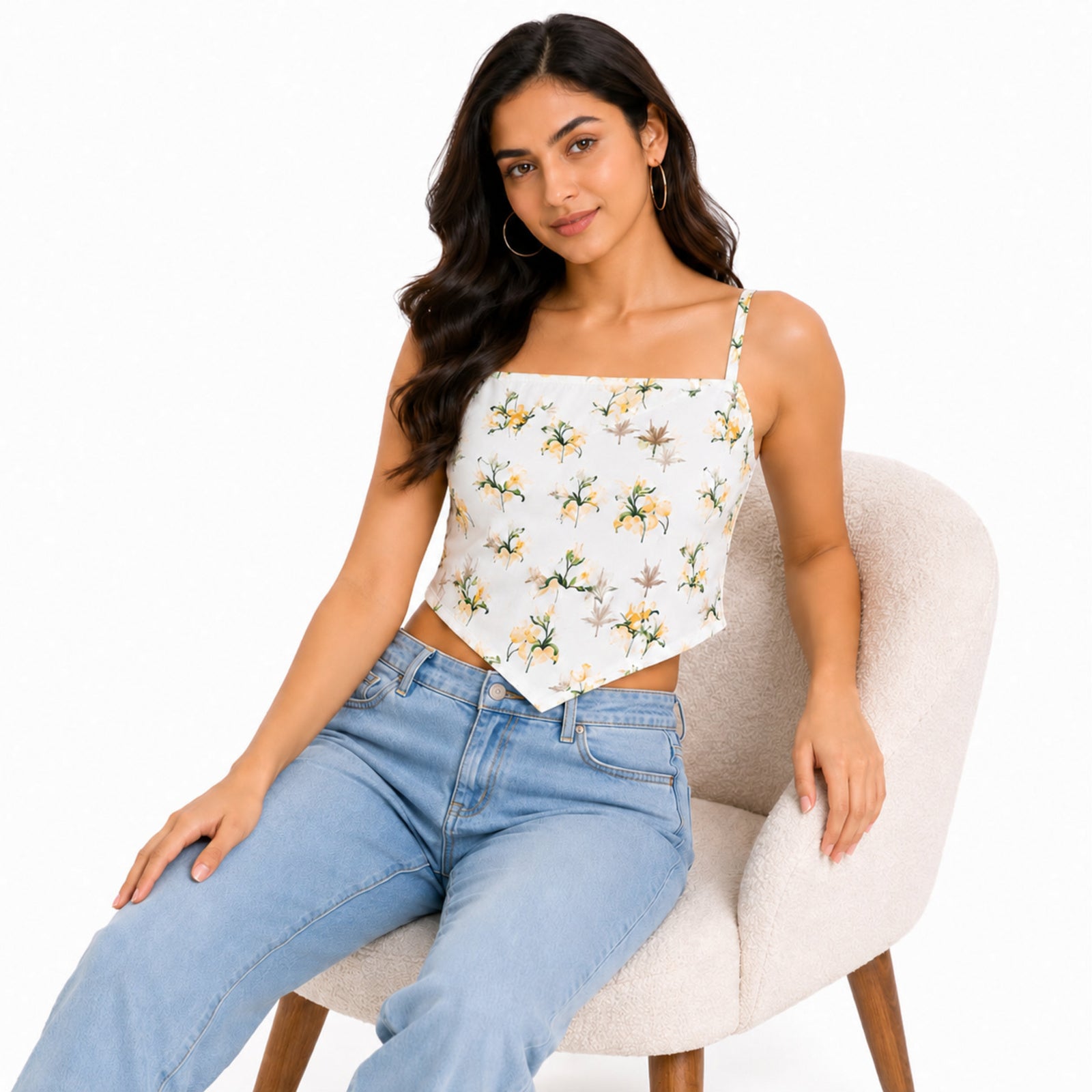 Women's Cream Floral Printed Sleeveless Spaghetti Strap Handkerchief Hem Crop Top for Casual Wear-2