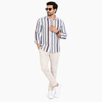 Men's Blue & Brown Vertical Stripe Casual Shirt-2