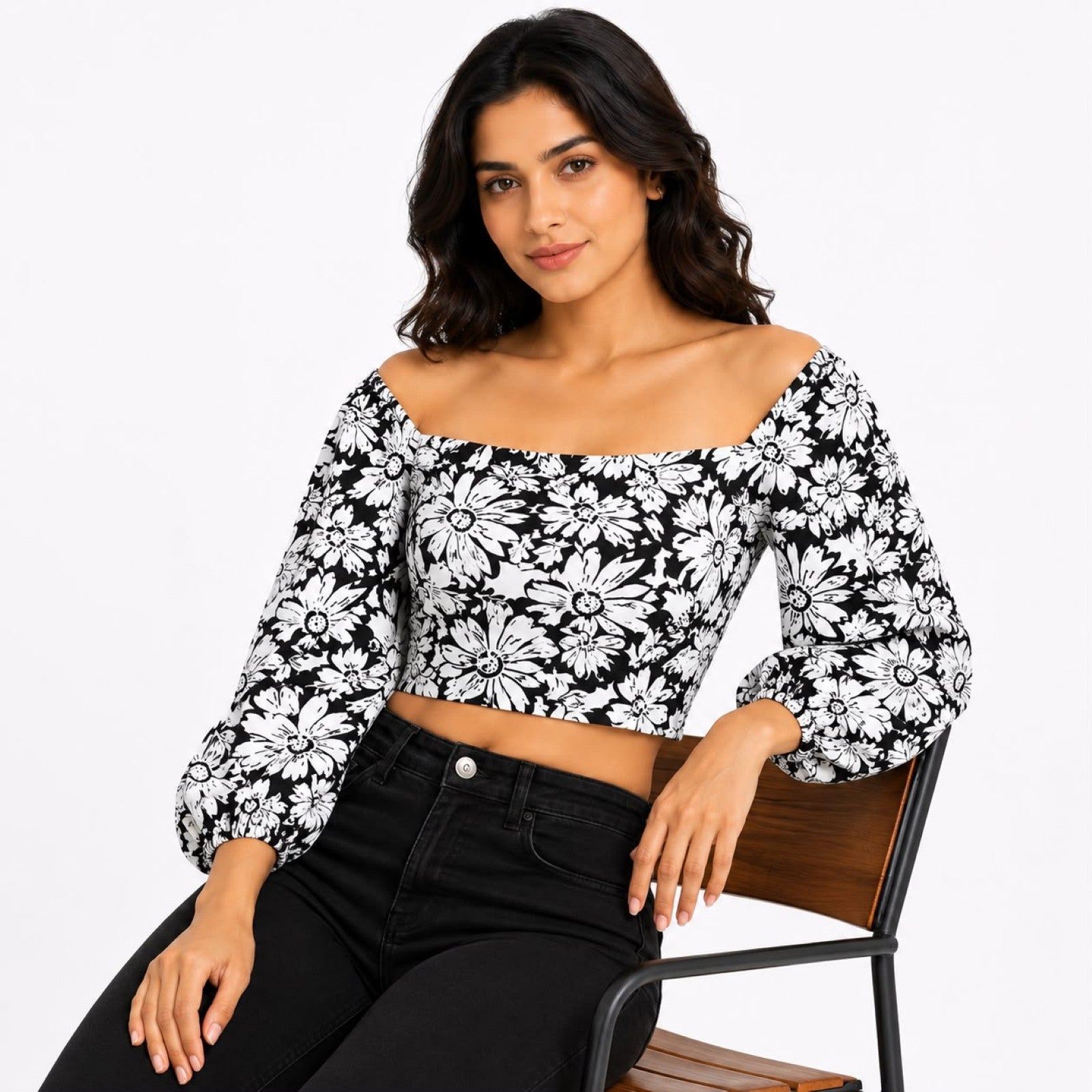 Women's Black & White Floral Off-Shoulder Crop Top-2