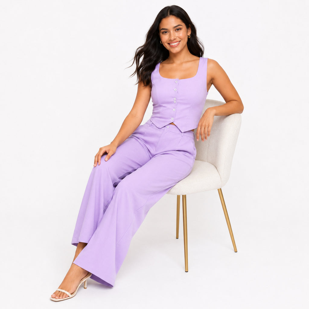 Women's Purple Sleeveless Crop Top & Wide Leg Co-ord Set-3