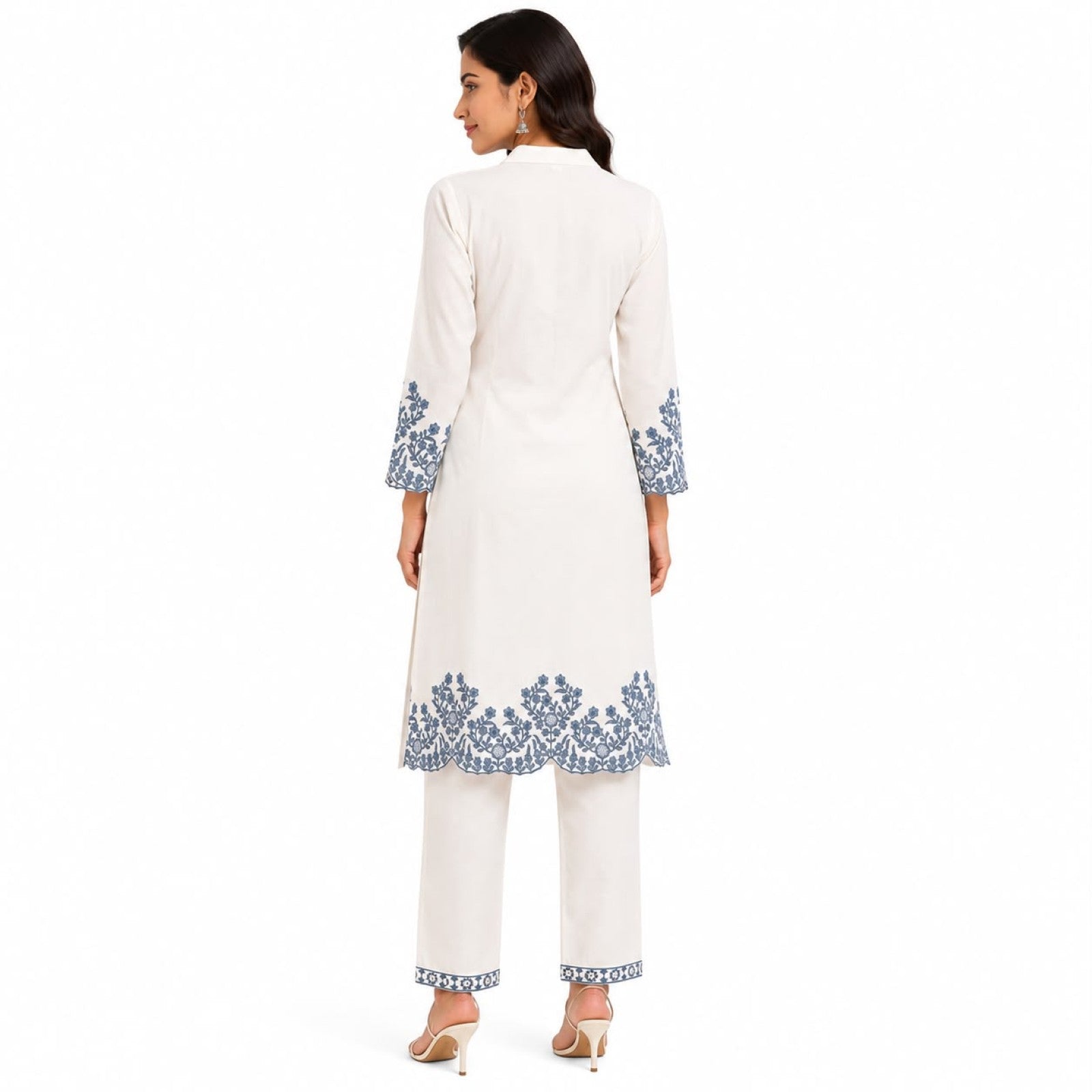 Women's Elegant Embroidered Kurta Pant Set | Premium Ethnic Wear Straight Fit Co-Ord Set for Women – Off White-4
