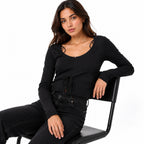 Women's Black Tie-Front Long Sleeve Cropped Casual Top-2